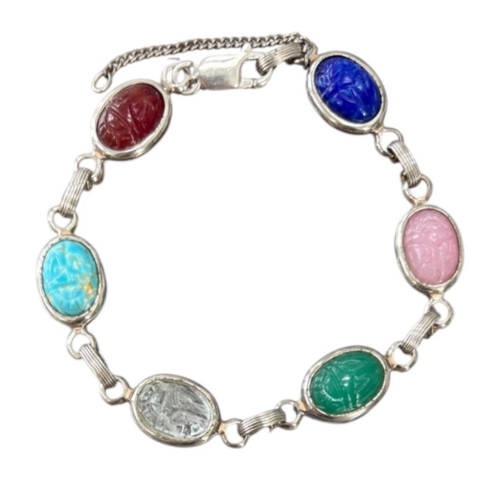 Vintage Scarab Bracelet Silver Retro Jewelry 60s MCM Carved Multicolor Stones - Picture 12 of 12